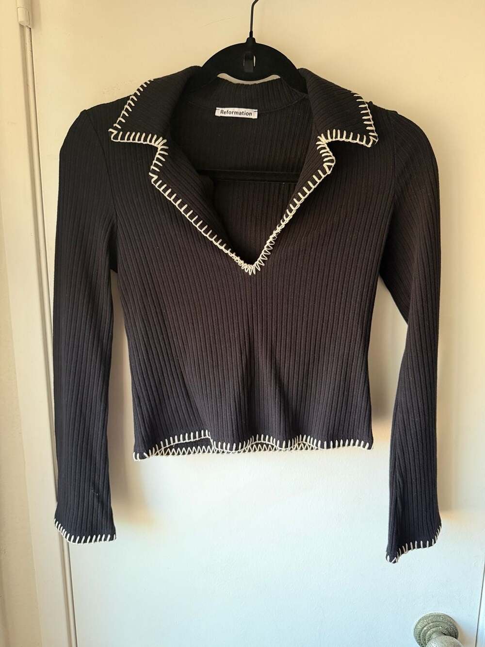 Reformation Nolen Black Knit Top with White Blanket Stitch